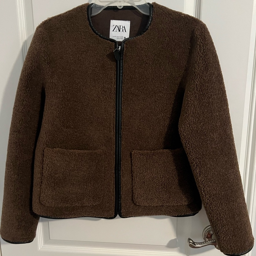 Zara brown Sherpa jacket with faux leather trim.